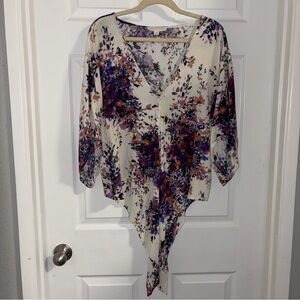 Lovestitch cream & floral rayon bell sleeve front tie blouse/coverup